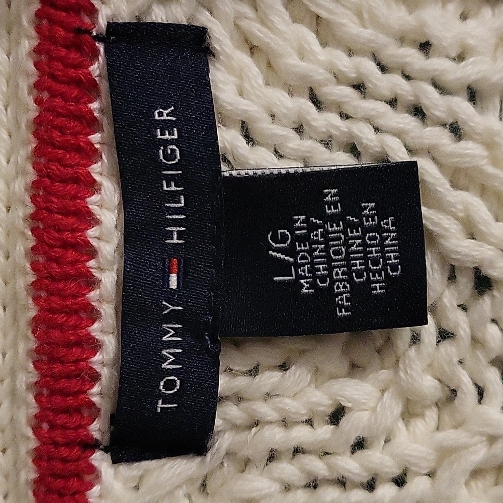 Tommy Hilfiger Cable Knit Sweater. Cream with brown leather trim. Size L - Picture 8 of 10
